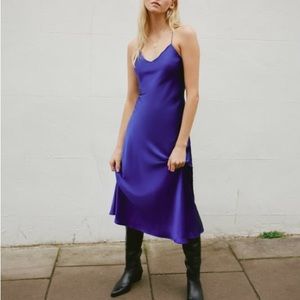 Zara Blogger Fave Satin Effect Blue Midi Maxi Cross Back Dress